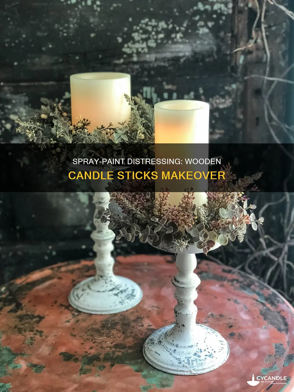 how to distress wooden candle sticks with white spray paint